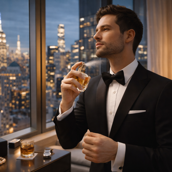 How to make your perfume last longer – elegant man applying fragrance in a modern New York apartment