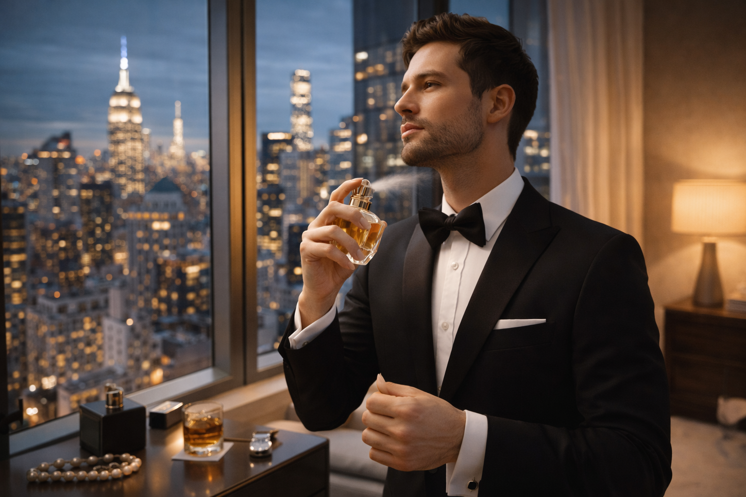 How to make your perfume last longer – elegant man applying fragrance in a modern New York apartment