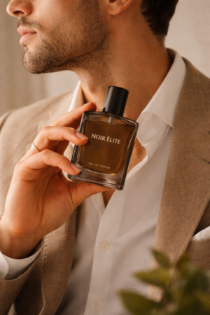 Luxury men perfume bottle held near the neck, representing masculine elegance and timeless fragrance